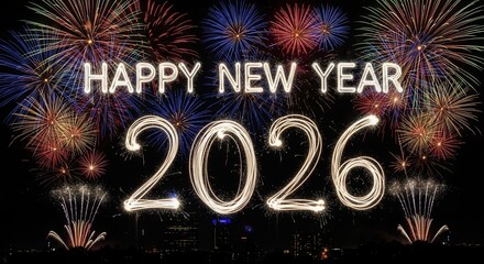 Happy New Year 2026 fireworks celebration at night with dazzling colorful light trails and shimmering text in vibrant cityscape, festive atmosphere.