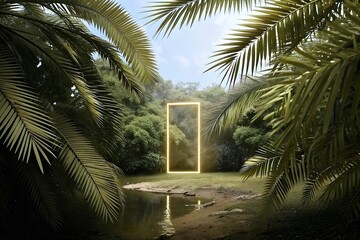 Surreal Tropical Jungle Scene with Glowing Neon Rectangular Portal Frame by Reflective Pond