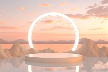 Surreal Sunset Landscape with Glowing Circular Neon Ring over Reflective Pedestal Platform