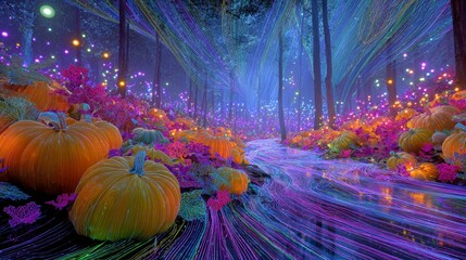 Mystical autumn forest with halloween harvest. Connected systems. Subtle shifts in orange hues among woodland pumpkins. Virtual network. Cyber intelligence.