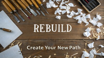 Wooden board displaying the word Rebuild with carving tools