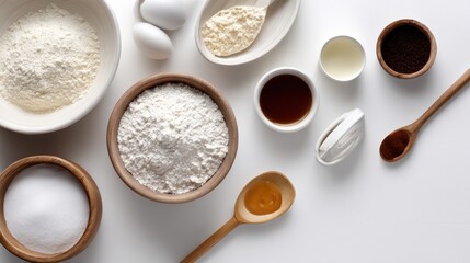 Top view of cooking ingredients and utensils for pastries, creative layout for recipe or baking tutorial.