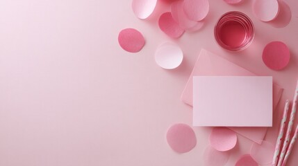 Flat lay of girl party accessories on pink background, including invitations and decorations for birthdays or bachelorette parties.