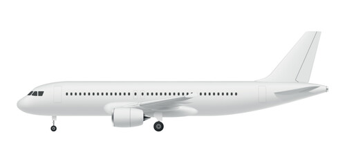Vector illustration of a passenger airplane in side view showing the fuselage, wings, tail and landing gear on a white background.