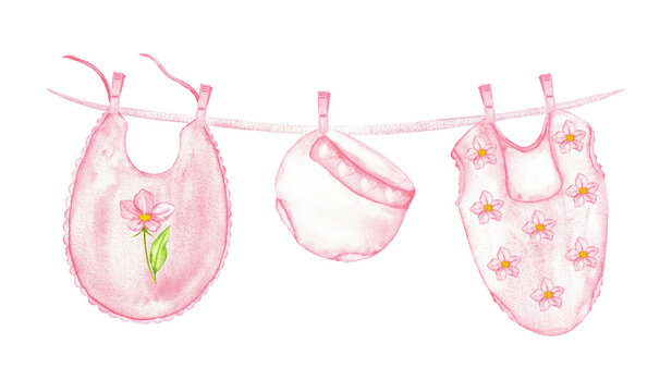 Charming pink baby clothes with floral designs for newborns and nursery decor. Illustration for gender reveal party, baby shower, birthday, baptism, boy or girl party. For invitation, greeting card - Powered by Adobe