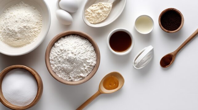 Top view of cooking ingredients and utensils for pastries, creative layout for recipe or baking tutorial.