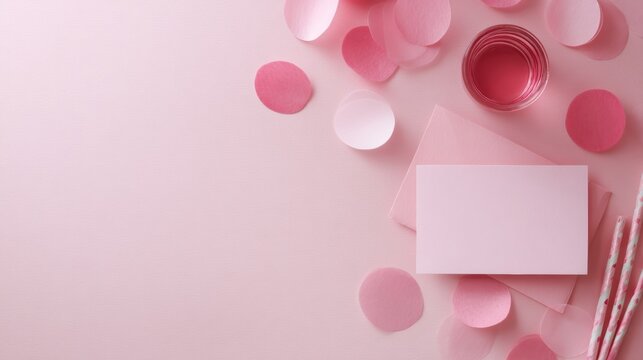 Flat lay of girl party accessories on pink background, including invitations and decorations for birthdays or bachelorette parties.