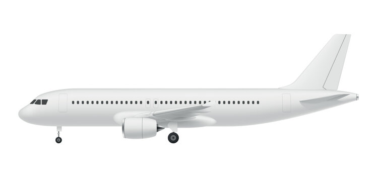 Vector illustration of a passenger airplane in side view showing the fuselage, wings, tail and landing gear on a white background.