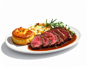 Festive Christmas dinner plate featuring tender roast beef, creamy mashed potatoes, and a savory cheese souffle in a winter setting
