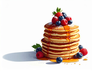 Delicious stack of fluffy pancakes topped with berries and syrup for a festive holiday breakfast