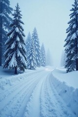Obraz premium Furious Blizzard Engulfs Winter Landscape, Heavy Snow Creates Dramatic Whiteout Scene
