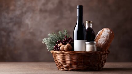 Festive gift basket with wine bottle and cooking ingredients, ideal for gourmands and home chefs.