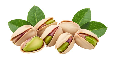 A cluster of open pistachios with vibrant green kernels and delicate green leaves, isolated on a white or transparent background, cutout, PNG