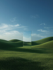 Abstract mirror standing in lush green hills under blue sky  