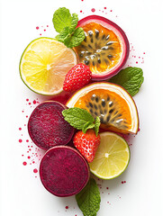 Fresh assorted fruits including strawberries, passionfruit, and mint  
