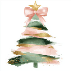 Watercolor Christmas tree with pink bow and gold star decoration  