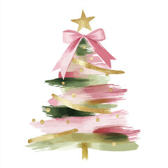 Watercolor Christmas tree with pink ribbon and gold decorations  