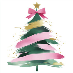 Artistic Christmas tree with pink ribbons and gold star decoration  