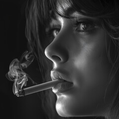 Fototapeta premium Young woman smoking a cigarette with smoke in black and white 