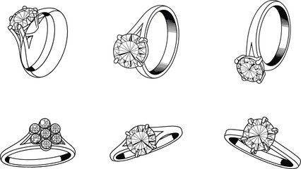 Set of Black and White Line Art Diamond Ring Illustrations, Featuring Engagement, Solitaire, and Cluster Designs, Ideal for Jewelry and Wedding Themes