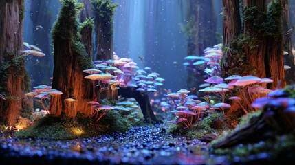 Fototapeta premium Luminescent forest floor scene. Tall trees & colorful fungi glow amongst green moss. Beams of light pierce the mystical atmosphere