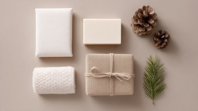 Creative flat lay of holiday care package in natural packaging, ideal for Thanksgiving, Christmas, or special occasions.