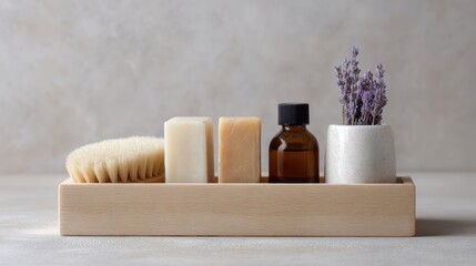 Eco-friendly spa set including soaps, oils, and brushes, wellness and self-care theme.