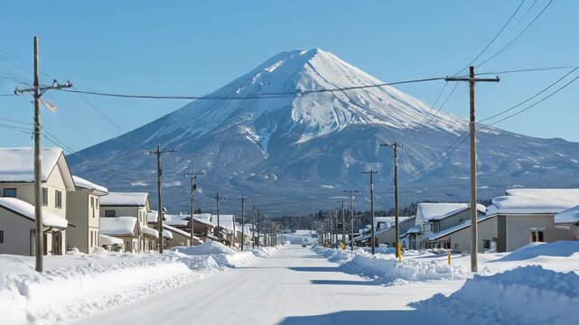 Snowy street leads to majestic mount fuji on a clear winter day