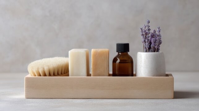 Eco-friendly spa set including soaps, oils, and brushes, wellness and self-care theme.