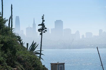 A view out to San Francisco and the city skyline from Alcatraz prison island.