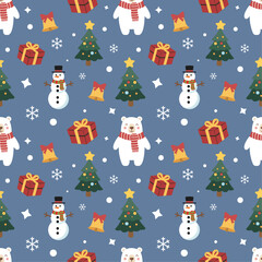 Christmas Night Seamless Pattern Vector: Snowman, Bear, Tree, Bells, Gifts, and Stars. Dark Blue Flat Design for Cozy Holiday Fabric and Winter Backgrounds.