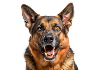 aggressive looking german shepherd with bared tee
