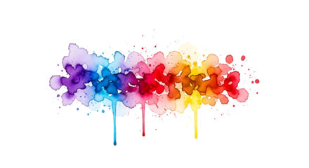 Rainbow watercolor paint splashes and drips with white speckles, isolated on a white or transparent background, cutout, PNG