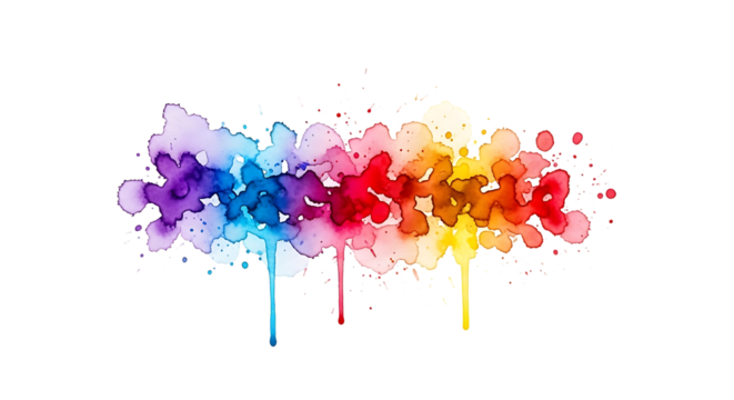 Rainbow watercolor paint splashes and drips with white speckles, isolated on a white or transparent background, cutout, PNG