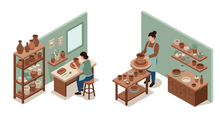 Fototapeta premium Isometric pottery studio scene with artists crafting ceramics in workshop