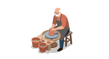 Elderly man crafting pottery on a potters wheel in a modern isometric design