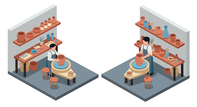 Isometric pottery studio with artists crafting ceramic vases and pots