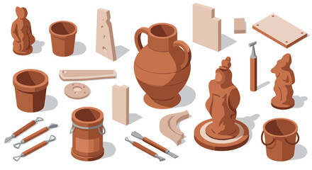 Ancient pottery and sculpting tools in flat isometric design