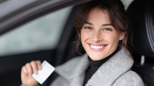 Young woman smiling with joy, holding driver license in car, proud and thrilled to have passed her driving test