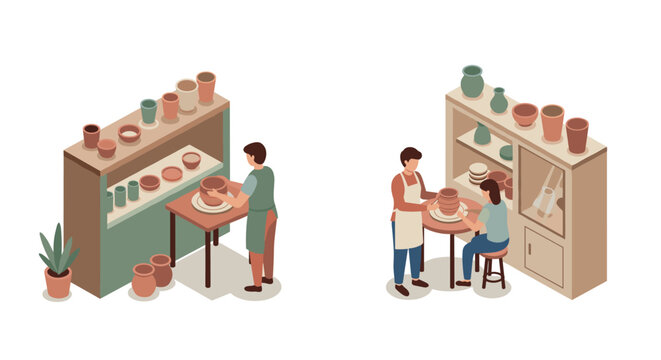 Isometric pottery workshop scene with people engaged in clay crafting
