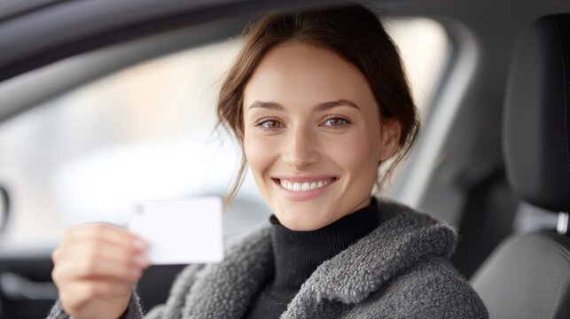 Young woman smiling with joy, holding driver license in car, proud and thrilled to have passed her driving test