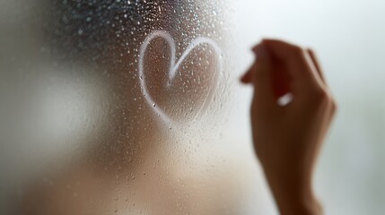 Obraz premium Unrecognizable young woman drawing a heart on steamed-up shower glass, blurred figure behind water drops, relaxing in bathroom