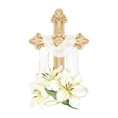 Christian cross with white draped cloth and white lilies. Watercolor isolated floral clipart symbolizing faith, purity and remembrance. Perfect for Easter designs, church stationery, spiritual prints.