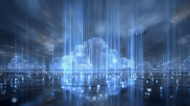 3D render of cloud architecture surrounded by blue light streams