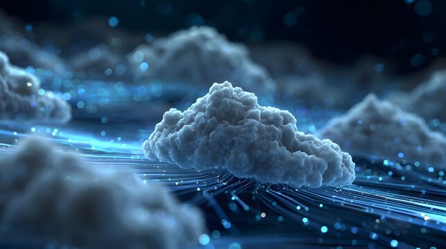3D render of cloud architecture surrounded by blue light streams