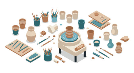 Isometric pottery studio setup with clay vessels and tools