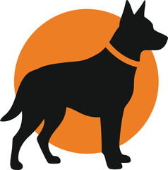 Silhouette of a german shepherd dog standing proudly against a bold orange circle emblem symbolizing loyalty and protection vector