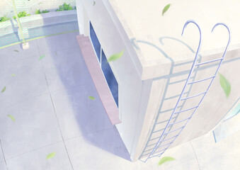 テキストを乗せやすい余白のある背景_学校の屋上、木の葉あり