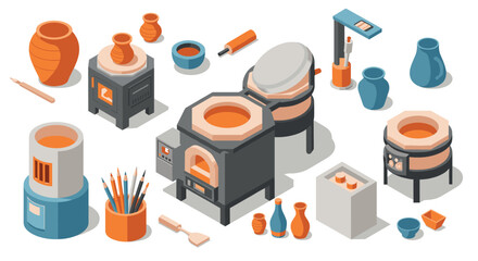 Isometric pottery workshop elements with kilns and tools for creative studio design