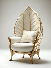 Elegant Leaf Shaped High Back Armchair with Gold Vein Frame and Cream Upholstery
